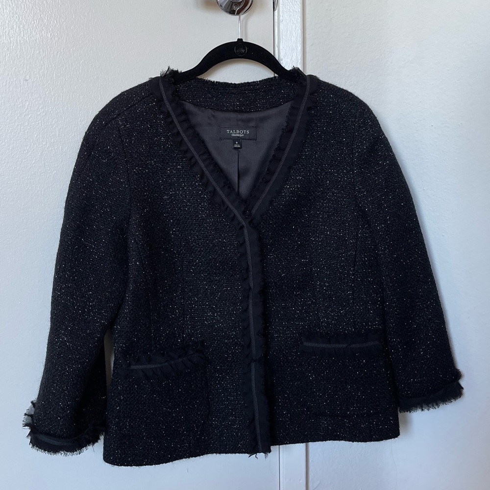 Talbots Collection Black Tweed Silver Shimmer Fringed Ruffle Wool Jacket 8